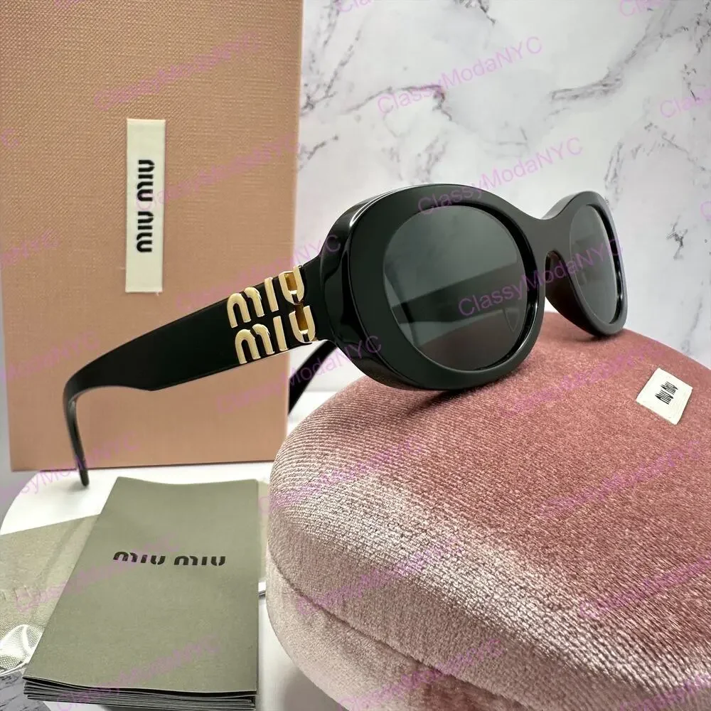 New MIU MIU Sunglasses Black Acetate Oval Gold Metal Logo Authentic Italy